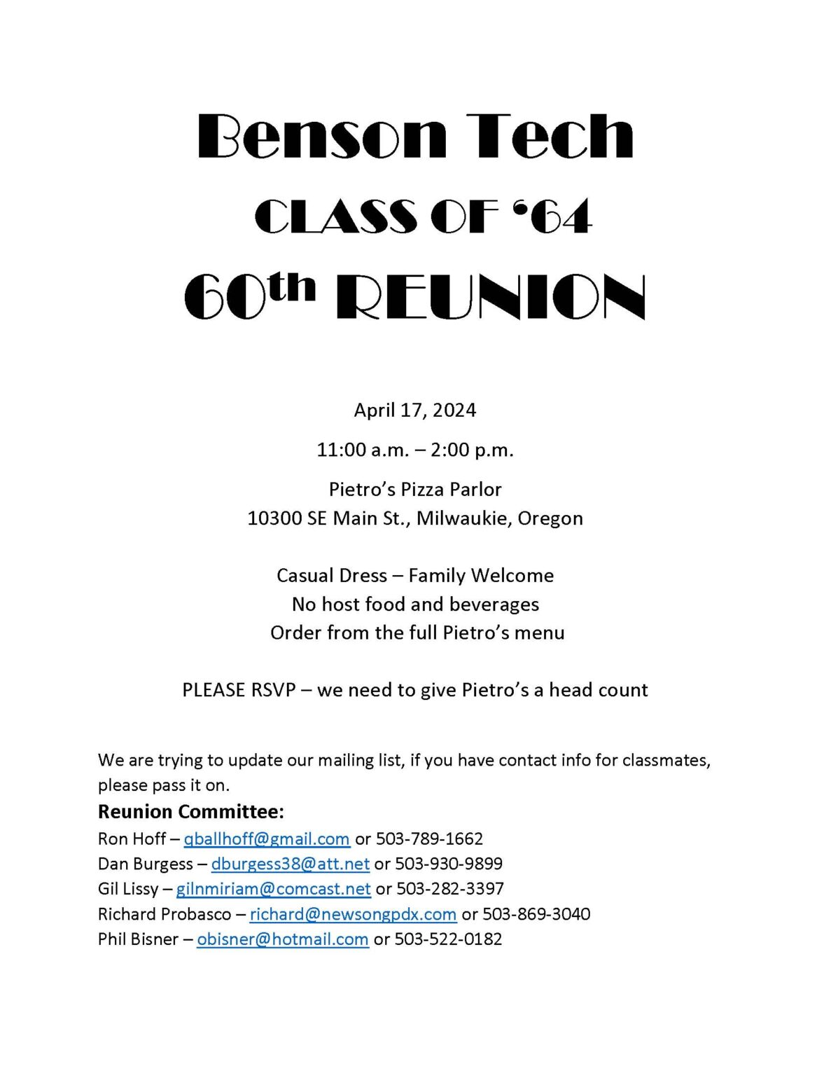 Class of 1964 60 year reunion Benson Polytechnic High School Alumni