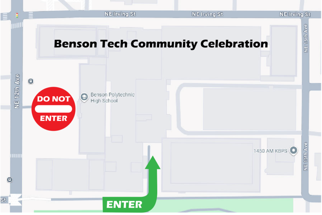 Map showing entrance from the south side of the school nearest Buckman Field.